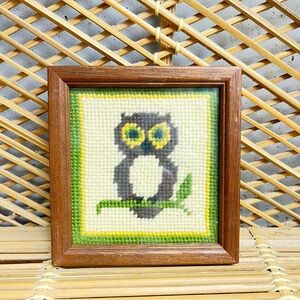 Vintage Owl Needlepoint picture handmade framed small